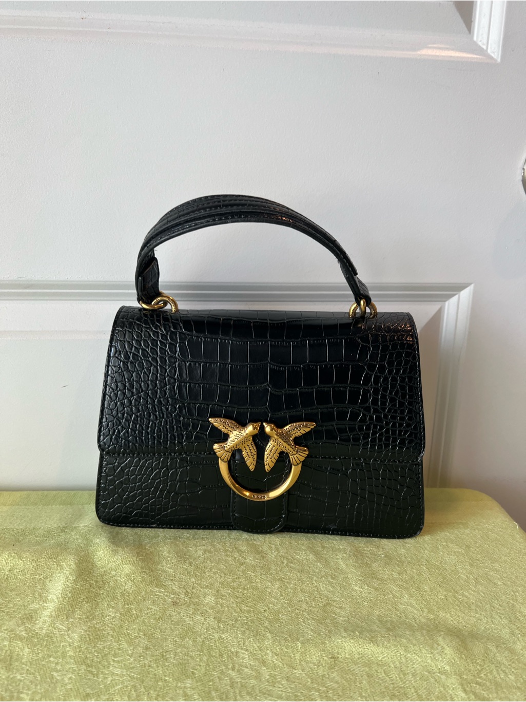 Pinko Black Croc-Embossed Top Handle Bag With Gold Bird Ring